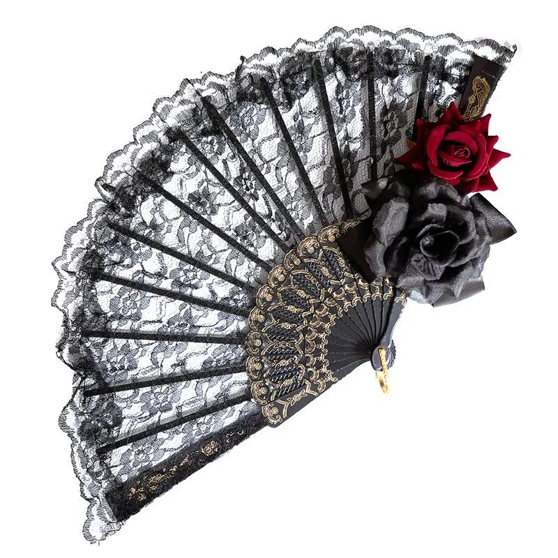 Éventail Gothique Lolita Victorien en Dentelle pour Femme, Vintage, Noir, Blanc, Rouge, Rose, Bambou
