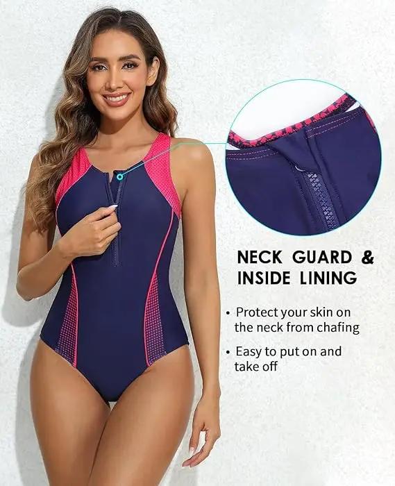 Anfilia femmes une pièce sport maillot de bain avant fermeture éclair conception couleur bloc séchag