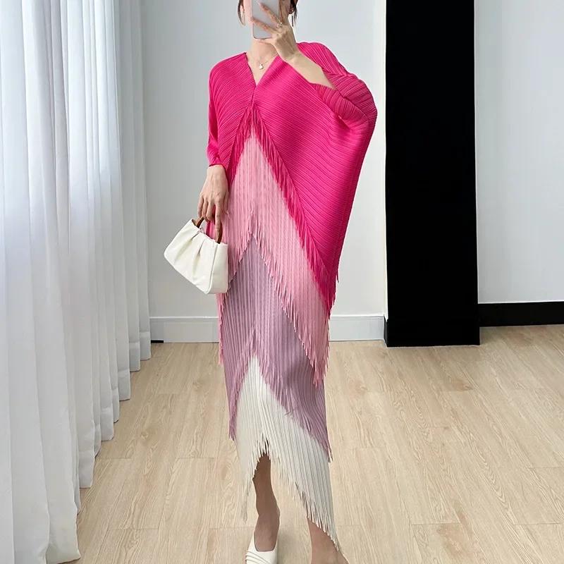 Robe plissée à franges pour femme, col en V, manches chauve-souris, épissure, mode, printemps, été,