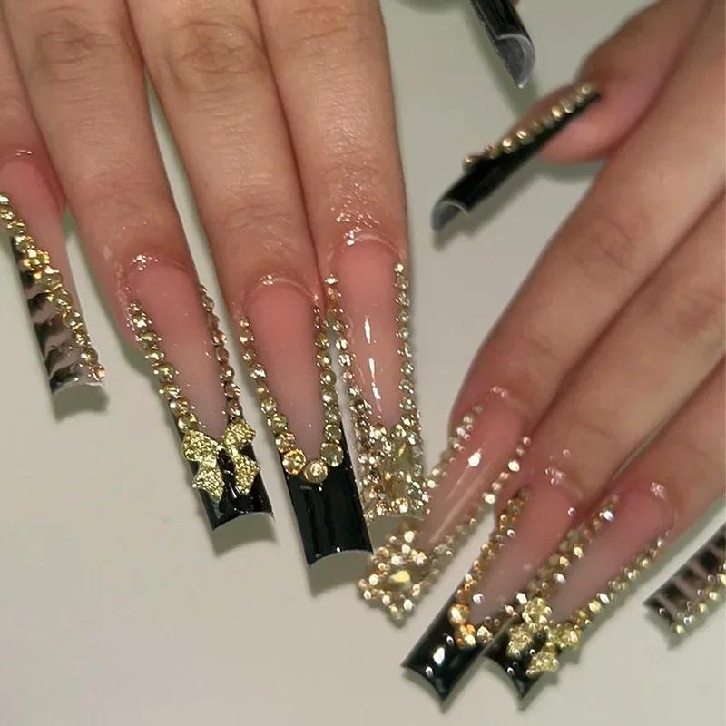 24 pièces noir français presse sur faux ongles diamants arc conception faux ongles élégant paillette