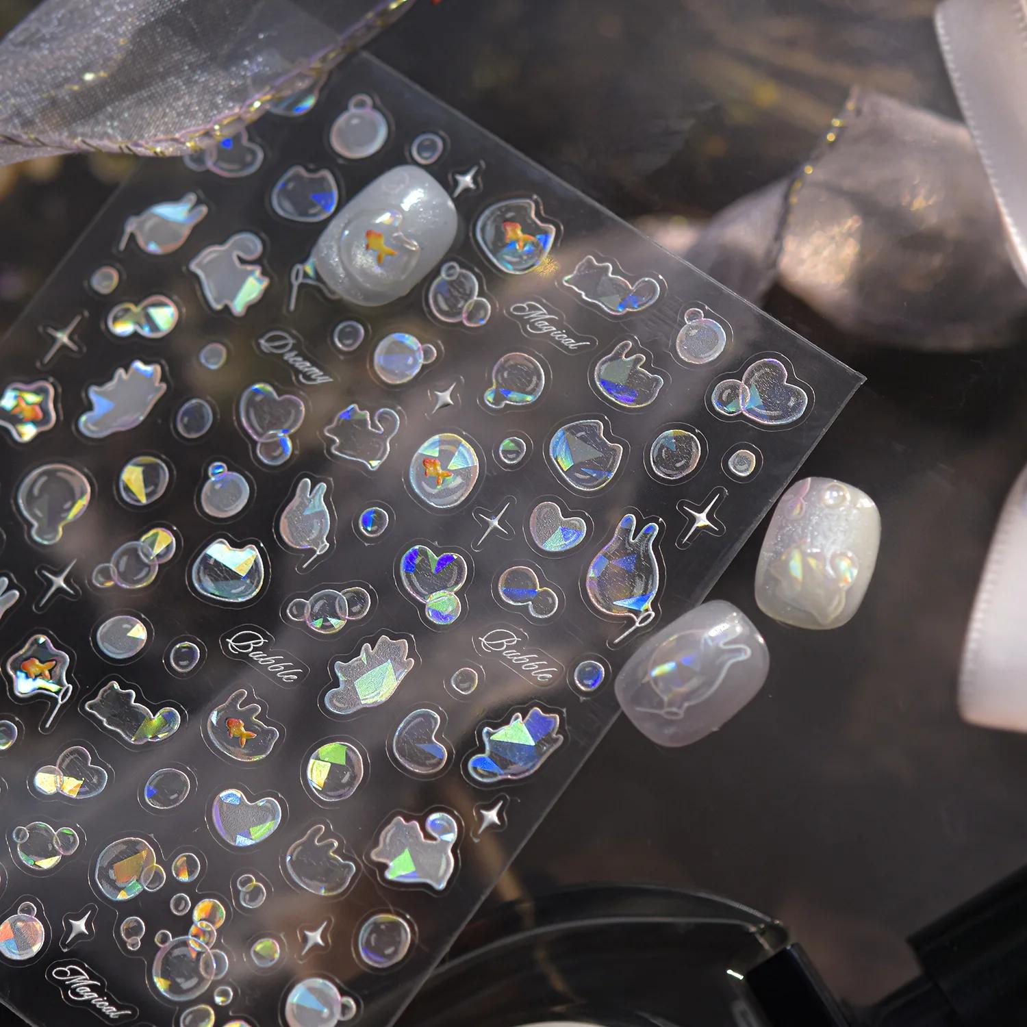 Autocollants de décoration d'ongles à bulles souffantes brillantes, coquille 5D légère, amour chat,