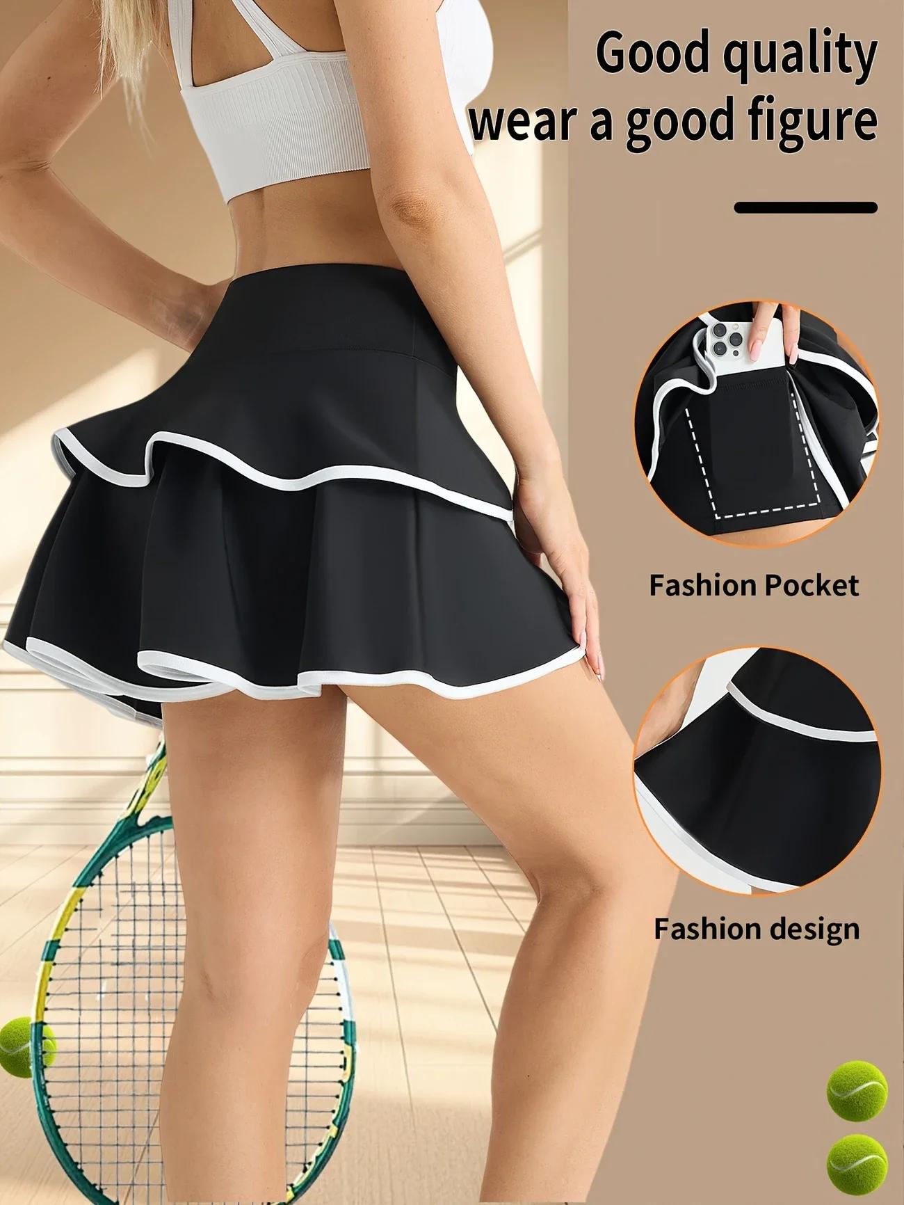 Jupe-short bloc de couleur taille haute pour femmes, avec poches intérieures, jupes plissées de Tenn