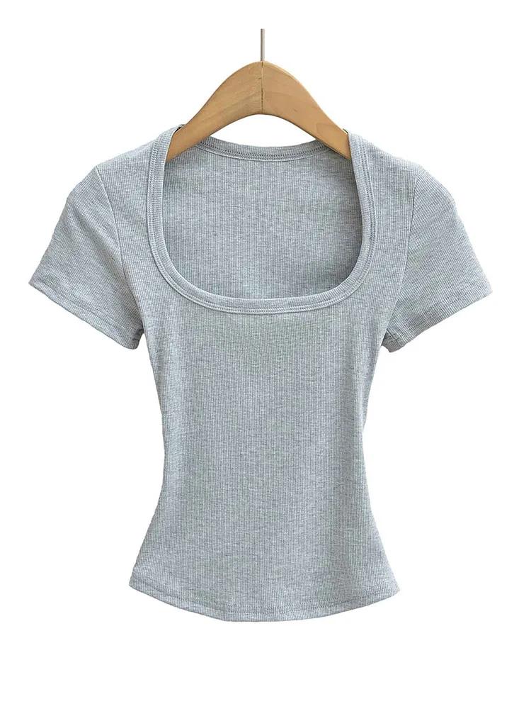 Haut court à col carré pour femmes, coupe cintrée, pull à manches courtes, très extensible, chemisie