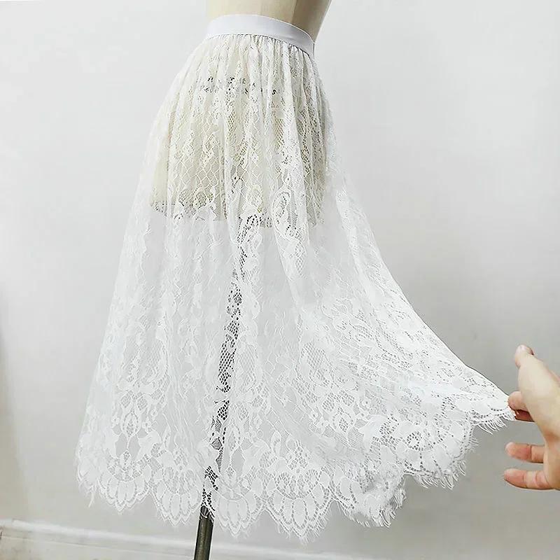 2 longueur élégante jupe noire dentelle blanche transparente longue jupe en Tulle dames élastique ta