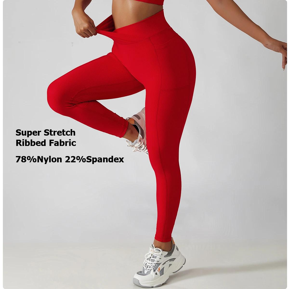 Pantalon de Yoga côtelé de couleur unie pour femmes, poches croisées, taille haute, Leggings de Fitn