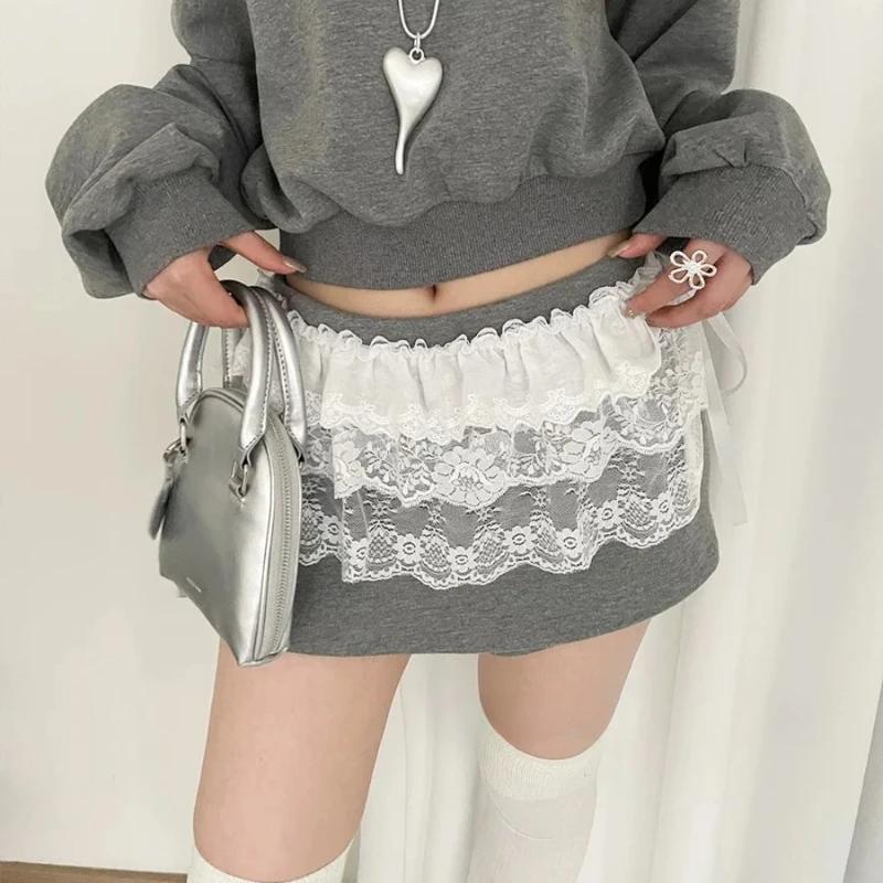 Femmes Y2K coréen dentelle Mini jupe superposée Streetwear à lacets volants Harajuku taille haute pl