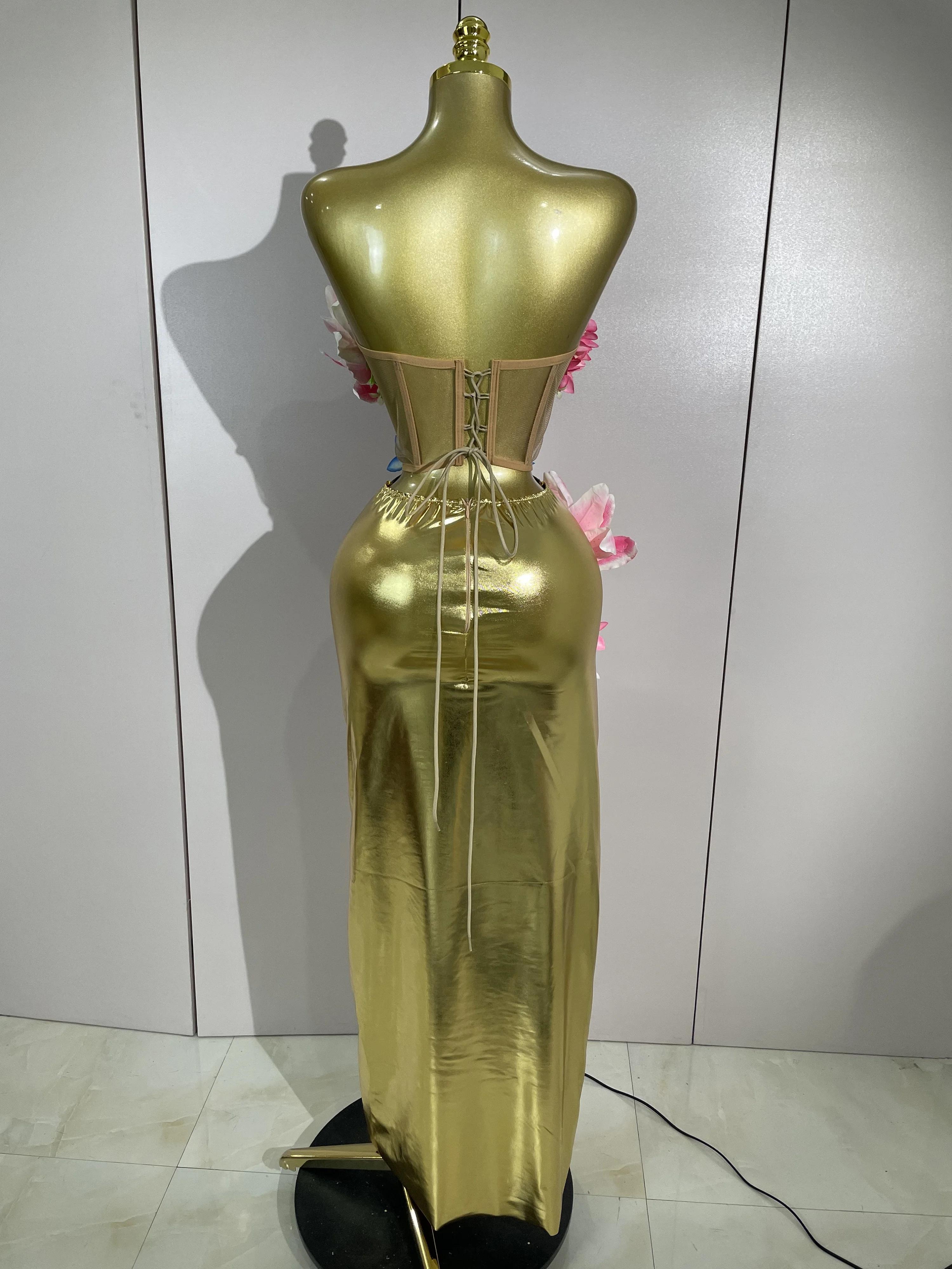 Ensemble deux pièces pour femme, haut en maille dorée à fleurs 3D élégant, robe longue moulante, soi