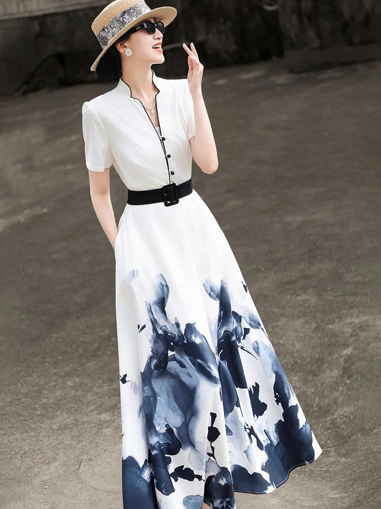 MEXCOCO 2026 Nouvelle collection été – Robe évasée élégante à manches courtes imprimé peinture à l'e