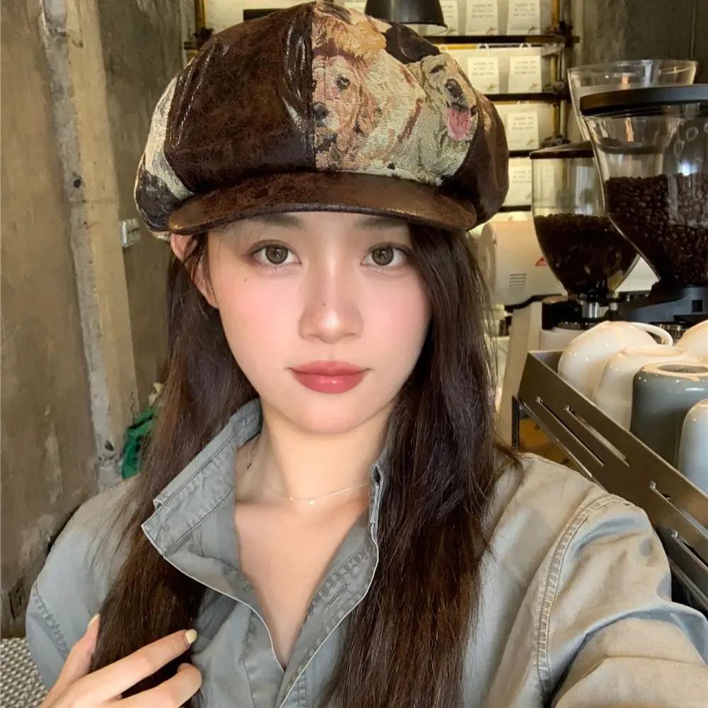 Casquettes pour femmes, béret rétro patchwork, chapeau octogonal en jacquard et velours côtelé, à la