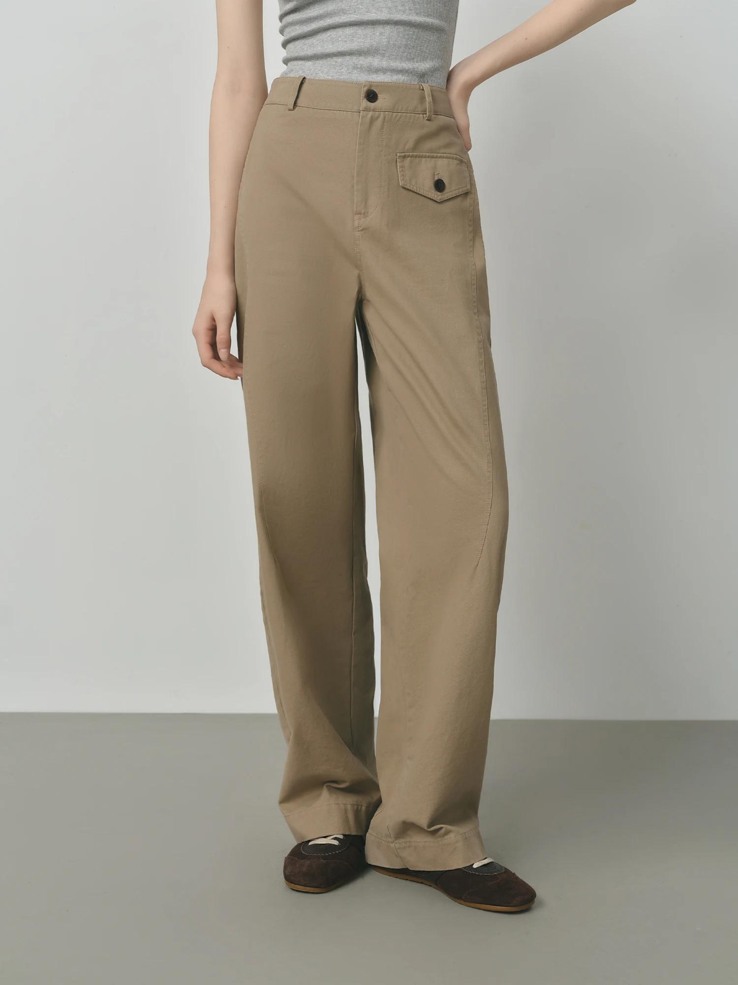FSLE 2025 Pantalon kaki pour femme - Pantalon en coton à jambe droite Coupe décontractée d'automne S