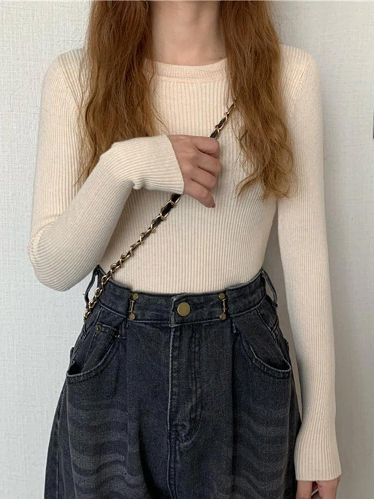 Nouveau Pull Femme 2026 Automne Hiver Manches Longues Col Rond Élastique Tricoté Uni Tendance