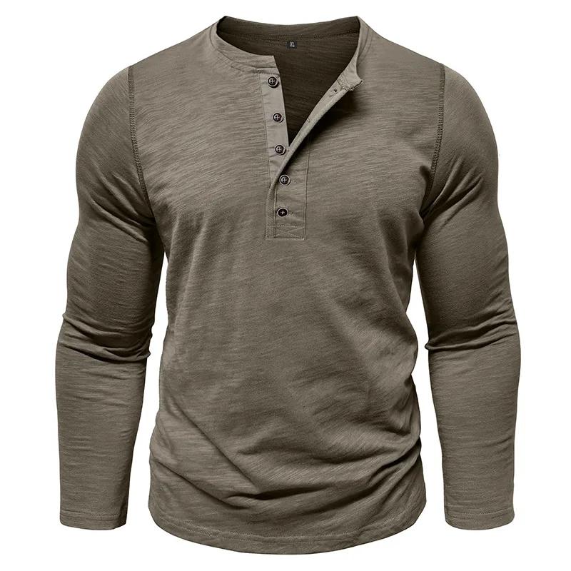 Nouveau automne T-Shirt à manches longues hommes décontracté dessus de couleur unie col Henley mince