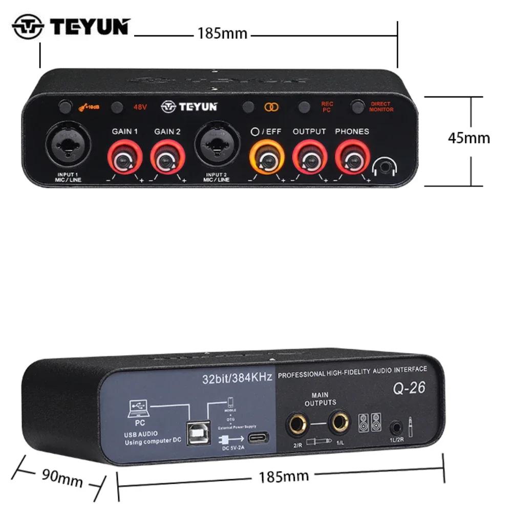 TEYUN Q26 2 canaux Interface Audio portable professionnelle console de carte son mini mélangeur USB