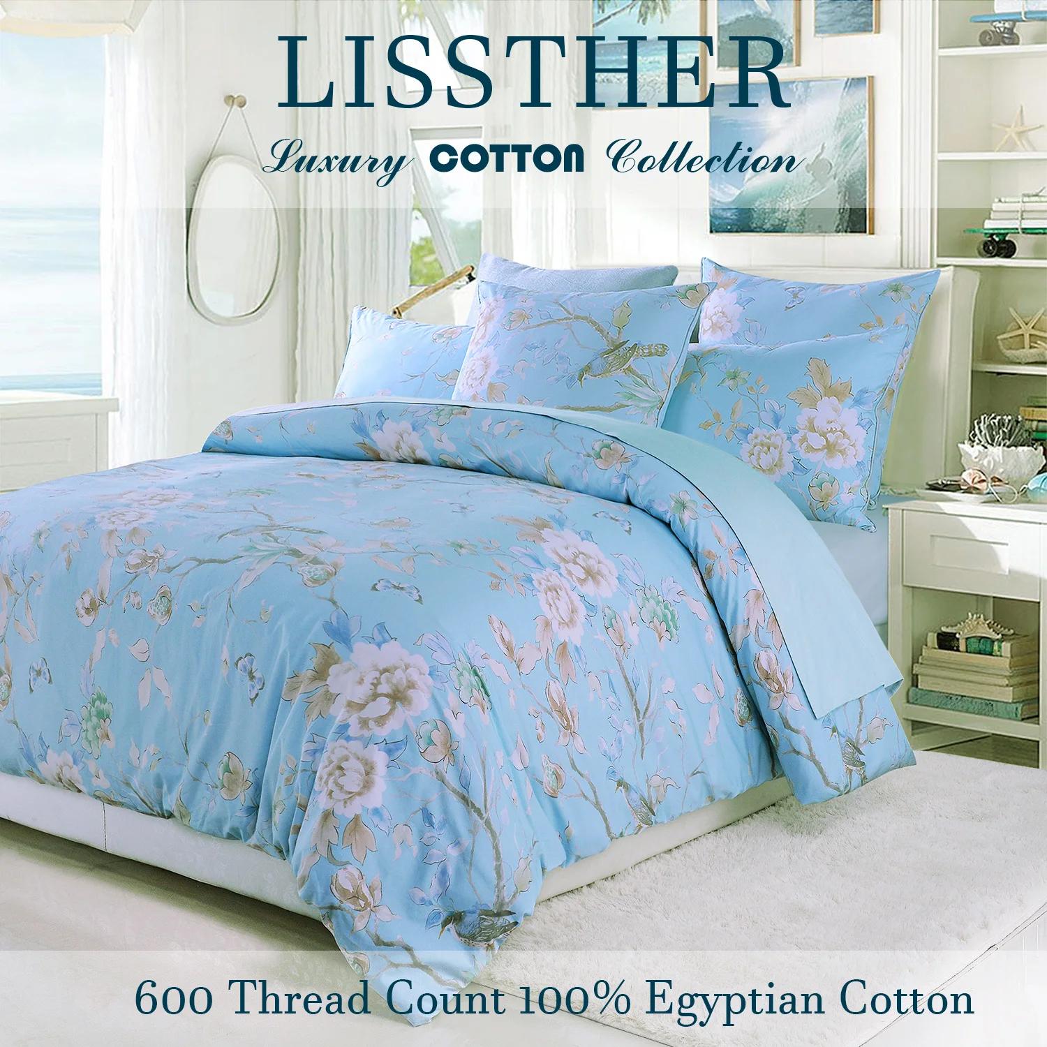 Ensemble de housse de couette 3 pièces 600TC 100% coton égyptien, Vintage bleu clair oiseau aquarell
