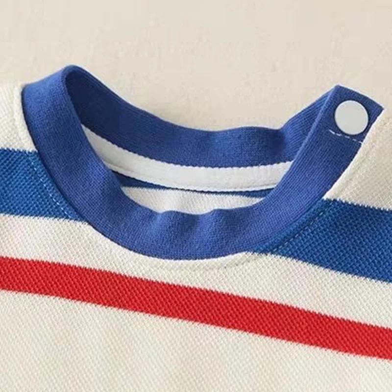 Nouvelle combinaison pour bébé, été, manches courtes, à rayures colorées, avec lettres, combinaison