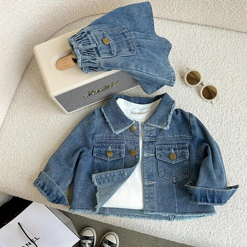 Ensemble en jean pour fille de 2 à 8 ans, avec revers rétro, veste en jean à manches longues + jupe