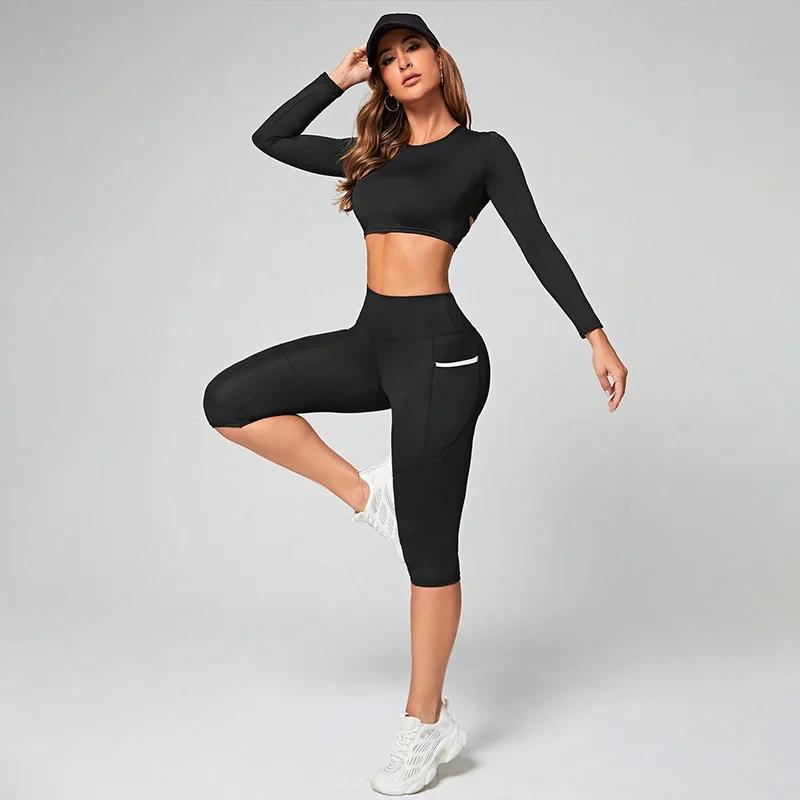 Leggings capri femme taille haute avec poches - Pantalon de yoga contrôle ventre entraînement fitness