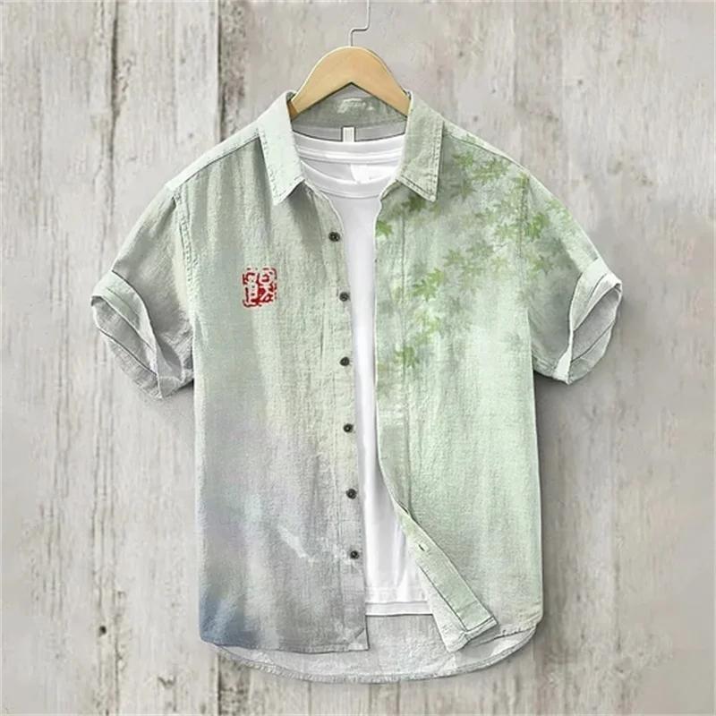 Chemise en lin-2025 été hommes revers à manches courtes T-shirt décontracté imprimé chemise élégant