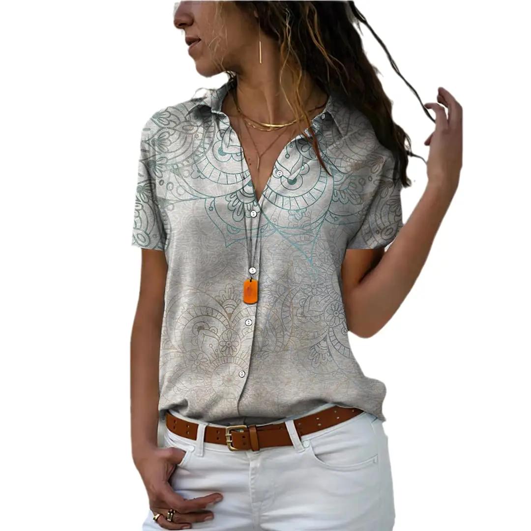 Mode d'été femmes couture rétro imprimé à manches courtes revers décontracté bouton chemise hauts fe