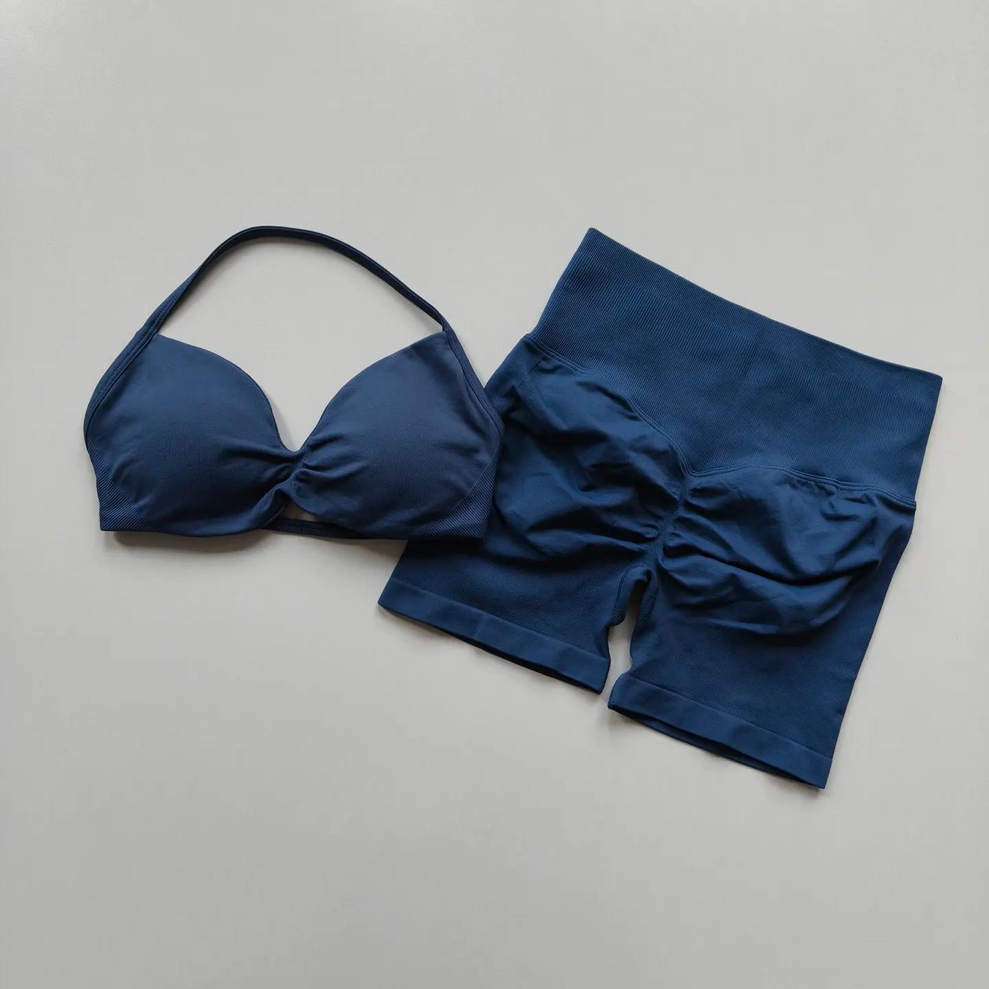 Ensemble de yoga deux pièces sans couture pour femme : soutien-gorge de sport push-up à col halter e