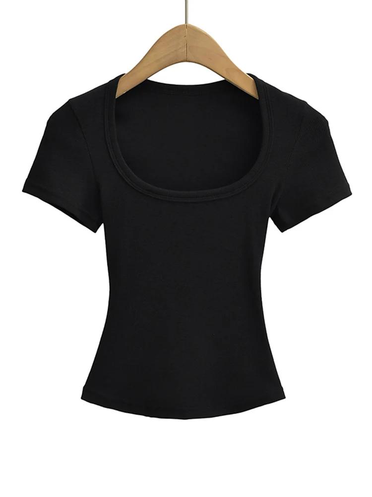 Haut court à col carré pour femmes, coupe cintrée, pull à manches courtes, très extensible, chemisie