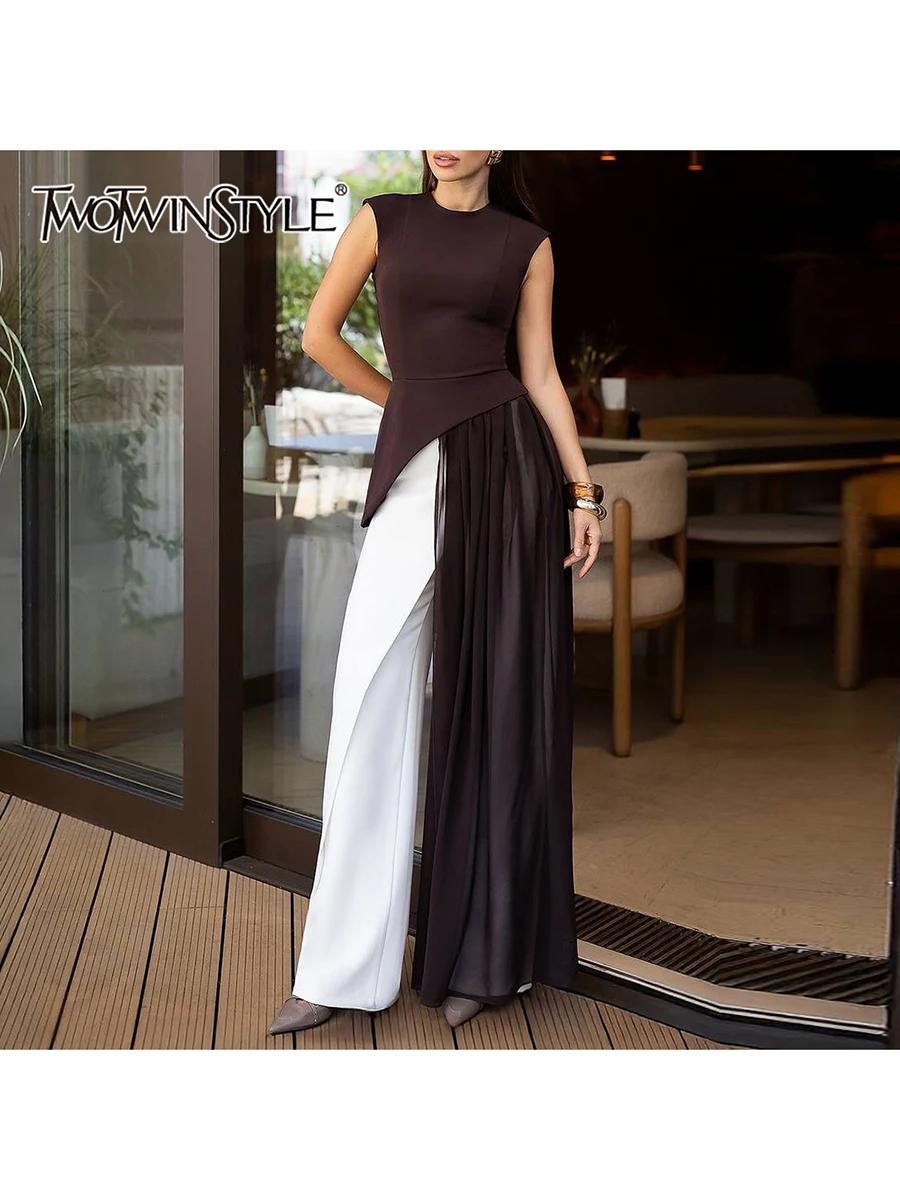 TWOTWINSTYLE solide minceur épissé plis Blouses irrégulières pour les femmes col rond sans manches t