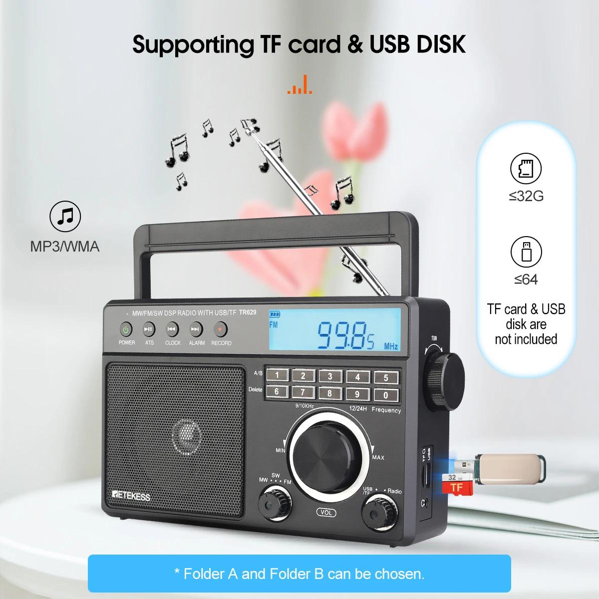 Retekess TR629 Radio Portable AM FM SW Multibande Radio à ondes courtes stéréo Mp3 haut-parleur batt