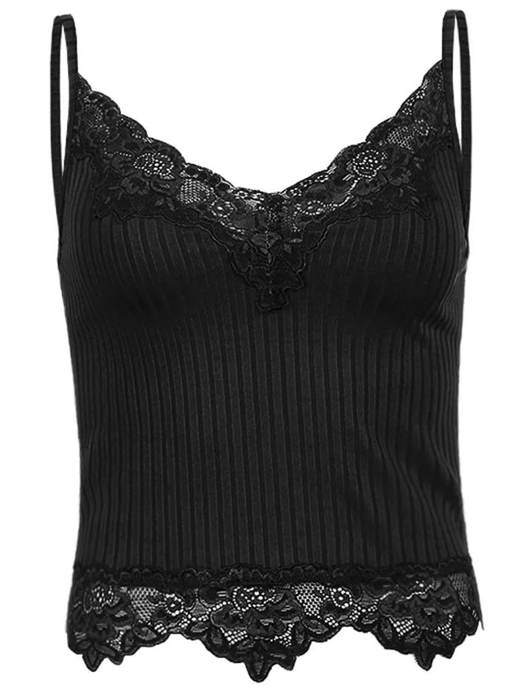 Gothique basique moulante femmes Camis Grunge Punk noir décontracté dentelle garniture culture hauts