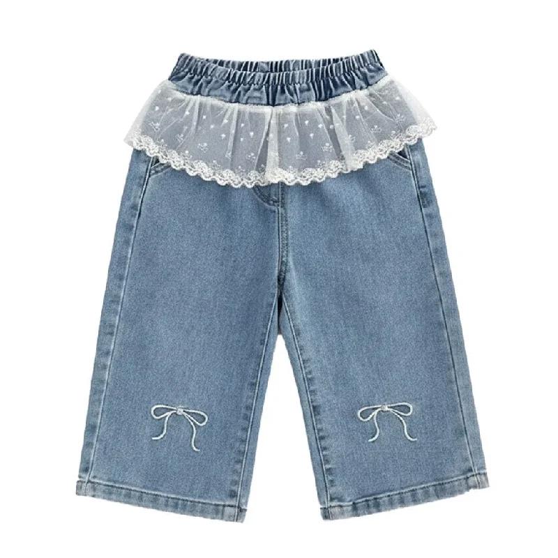 Pantalon en jean brodé avec dentelle pour filles, nouveau jean à nœud brodé, vêtements pour enfants,
