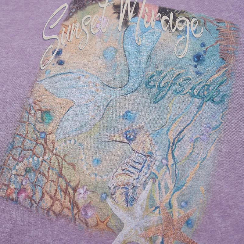 ELFSACK T-shirt surdimensionné à imprimé sirène pour femme, tee-shirt violet délavé vintage avec mot