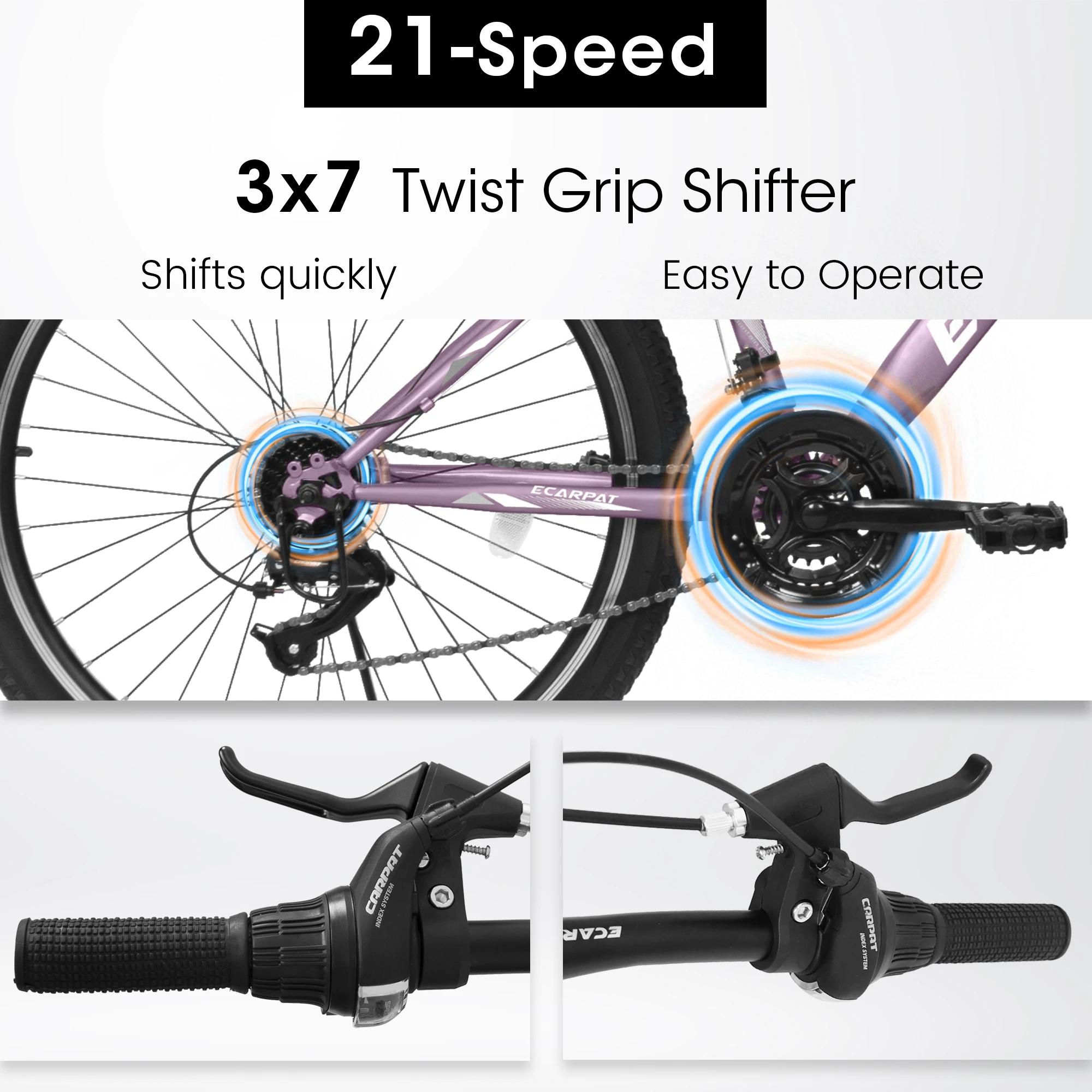 Ecarpat-Vélo de montagne pour femme, roue de 24 ", cadre en acier de 15", 21 vitesses, vélos de mont