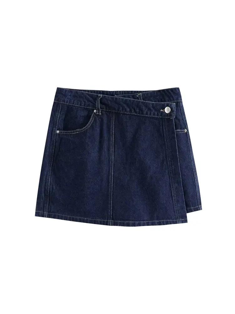 2025 mode femme poche à rabat décoration col rabattu court coupe ajustée haut en jean + jupe en jean
