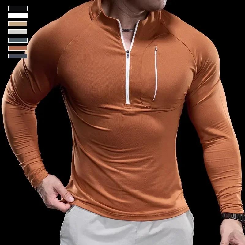 T-shirt à manches longues et col rond pour homme, vêtement de sport, de gymnastique, de course, d'en