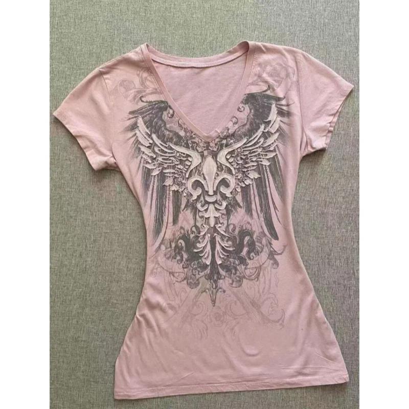American Street Hottie T-shirt Vintage col en v T-shirt années 2000 Y2K esthétique graphique imprimé