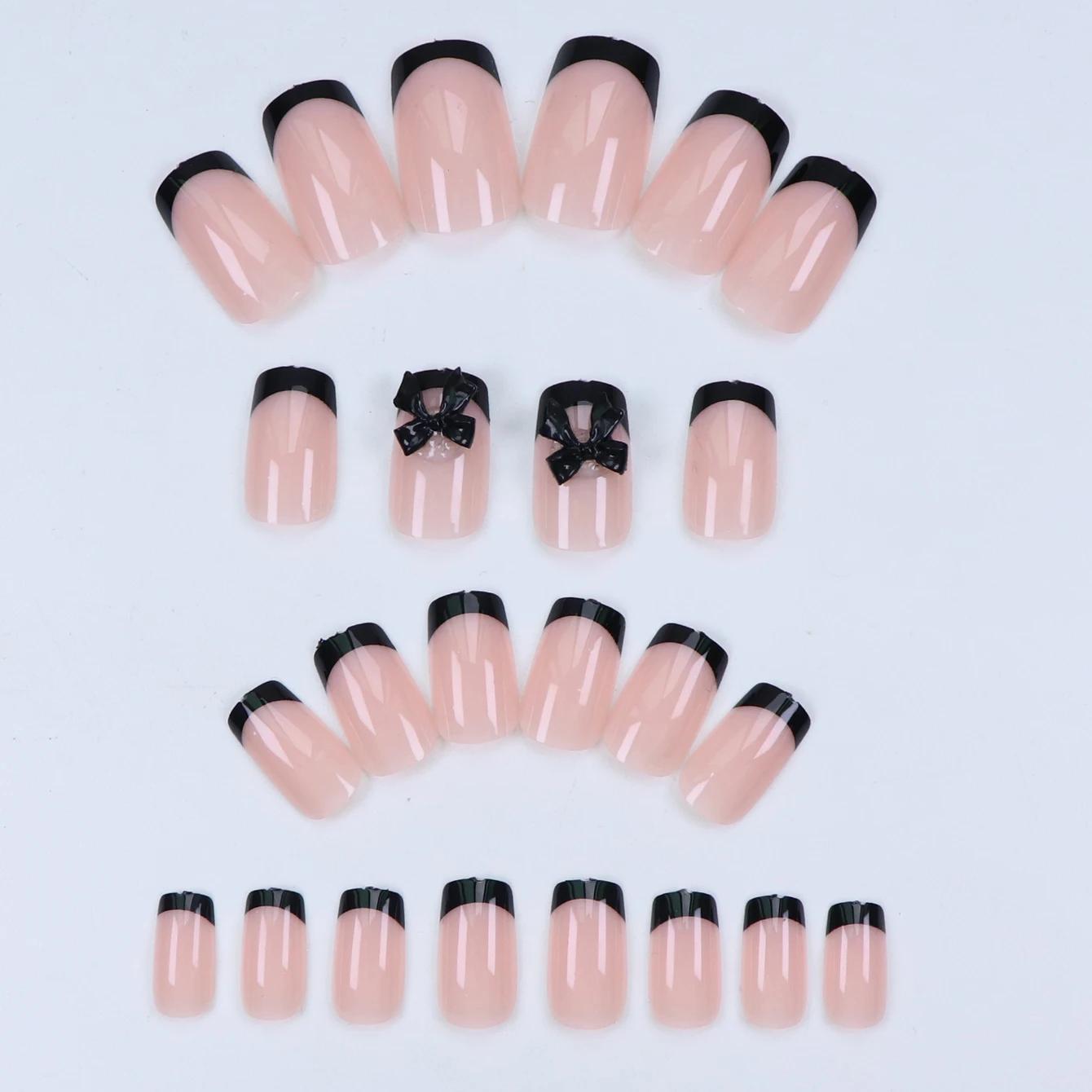 24 pièces presse sur ongles nœud papillon noir presse sur ongles blanc perle douce pointe française