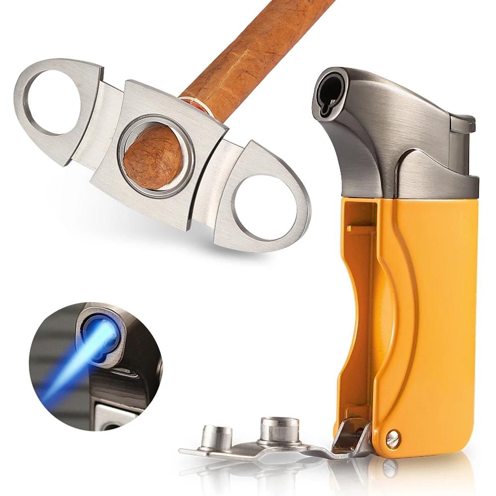 Briquet Butane coupe-vent, ensemble d'accessoires pour cigares, briquets à gaz en métal, coupe-cigar