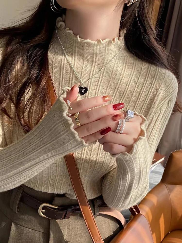 Pull tricoté à manches longues et col roulé pour femme, couleur unie, à volants, décontracté, nouvel