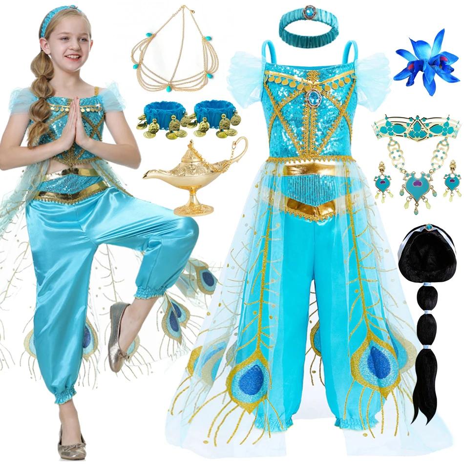 Robe de princesse Jasmine pour filles, lampe magique, Costume de fête d'anniversaire, Cosplay Aladdi