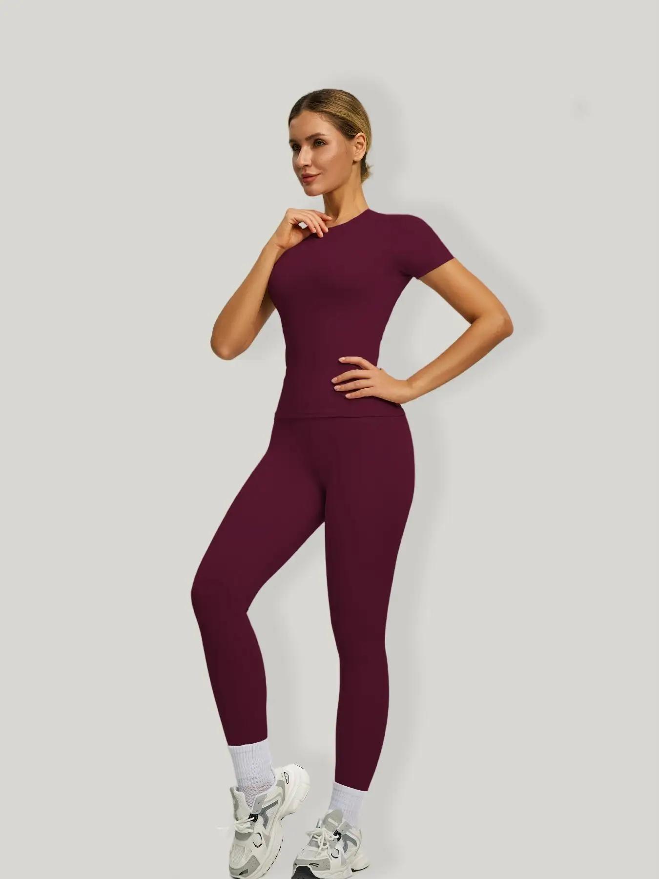 Ensemble sportif à manches courtes pour femmes, ensemble pantalon de Yoga et T-Shirt taille haute, i