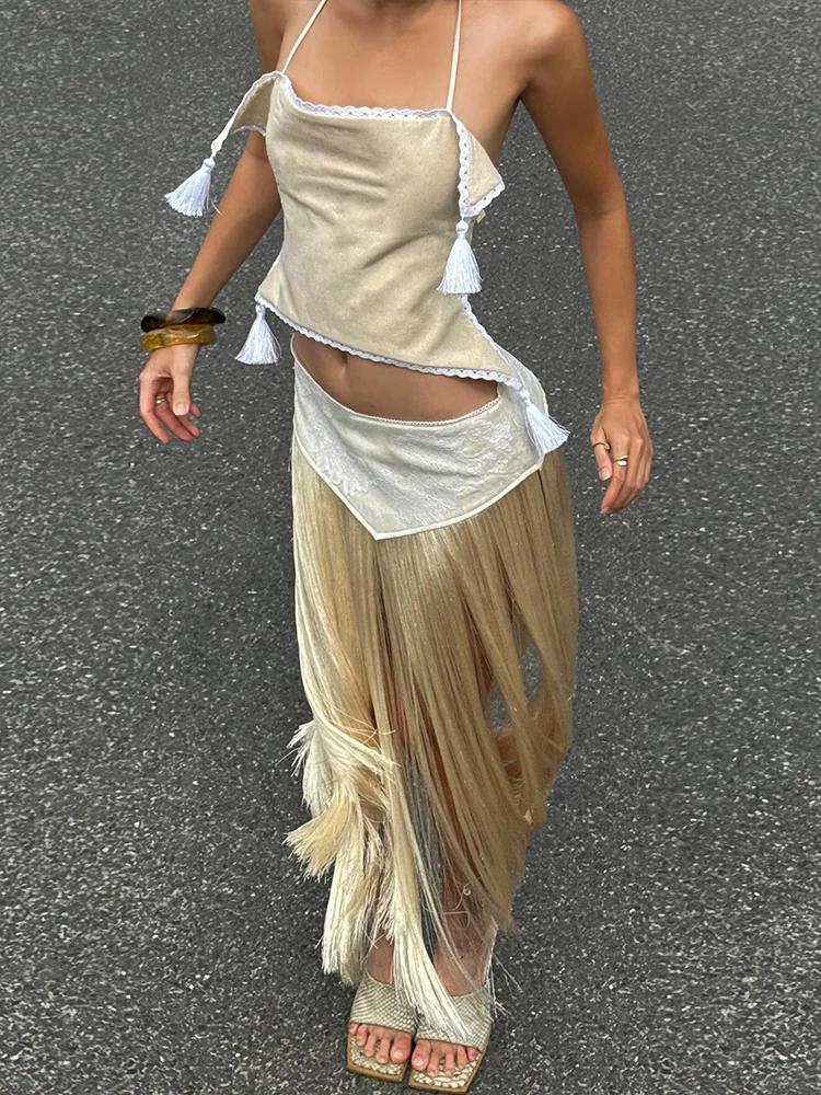 Kliou Sexy Mode Jupes Costumes Femme Halter Bandage Dos Nu Irrégulière Crop Tops + Gland Décoration