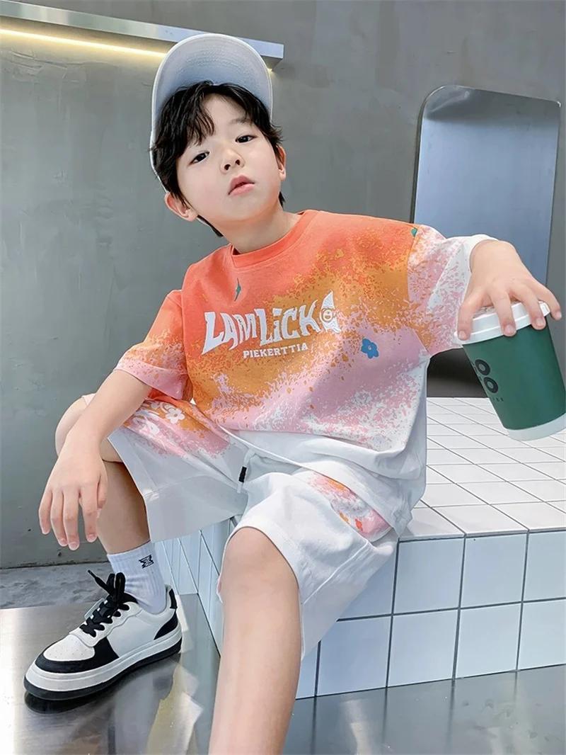 Ensemble ample et décontracté pour garçons, T-shirt + Short dégradé, 2 pièces, vêtements de Sport à