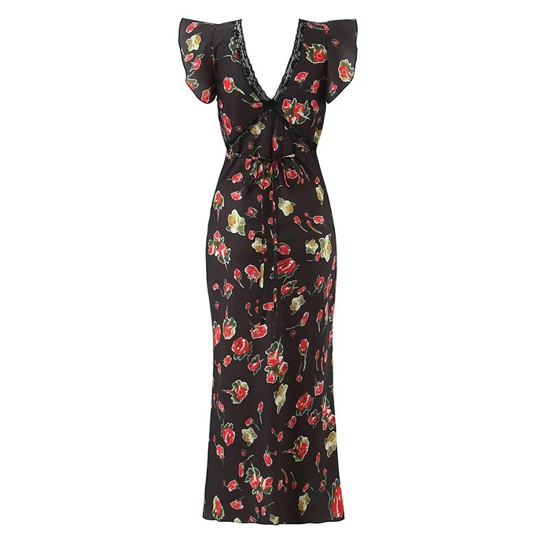 YENKYE romantique dentelle garniture imprimé fleuri crayon robe Sexy femmes manches volantes col en