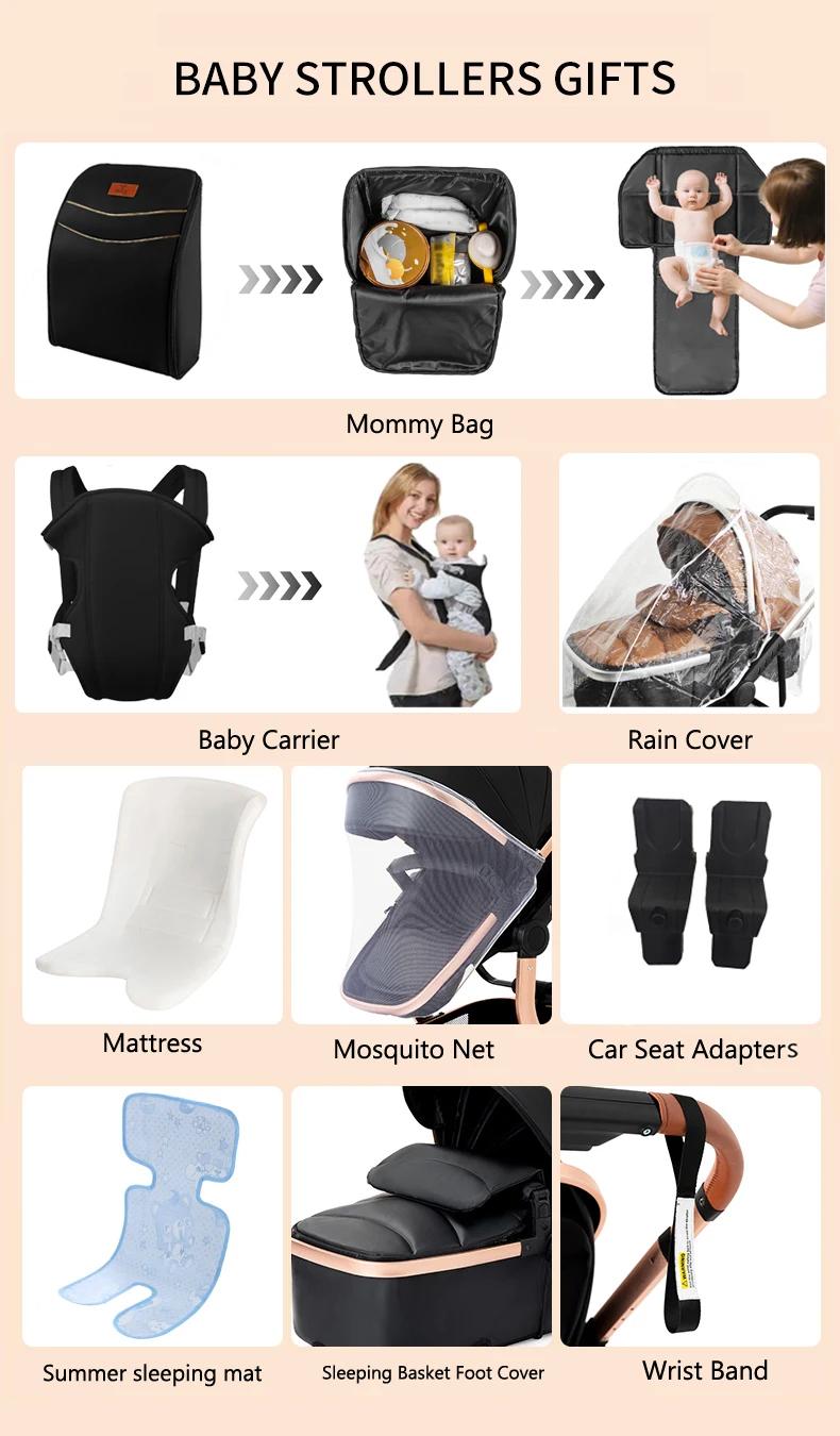 Poussette 3 en 1 en cuir PU pour bébé, avec mousqueton, siège de voiture, absorbant les chocs, imper
