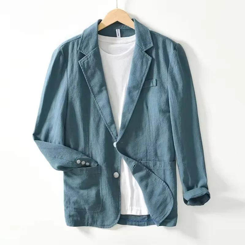 Blazer respirant pour hommes, 70% lin, 30% coton, veste de costume pour hommes, manteau noir pour l'