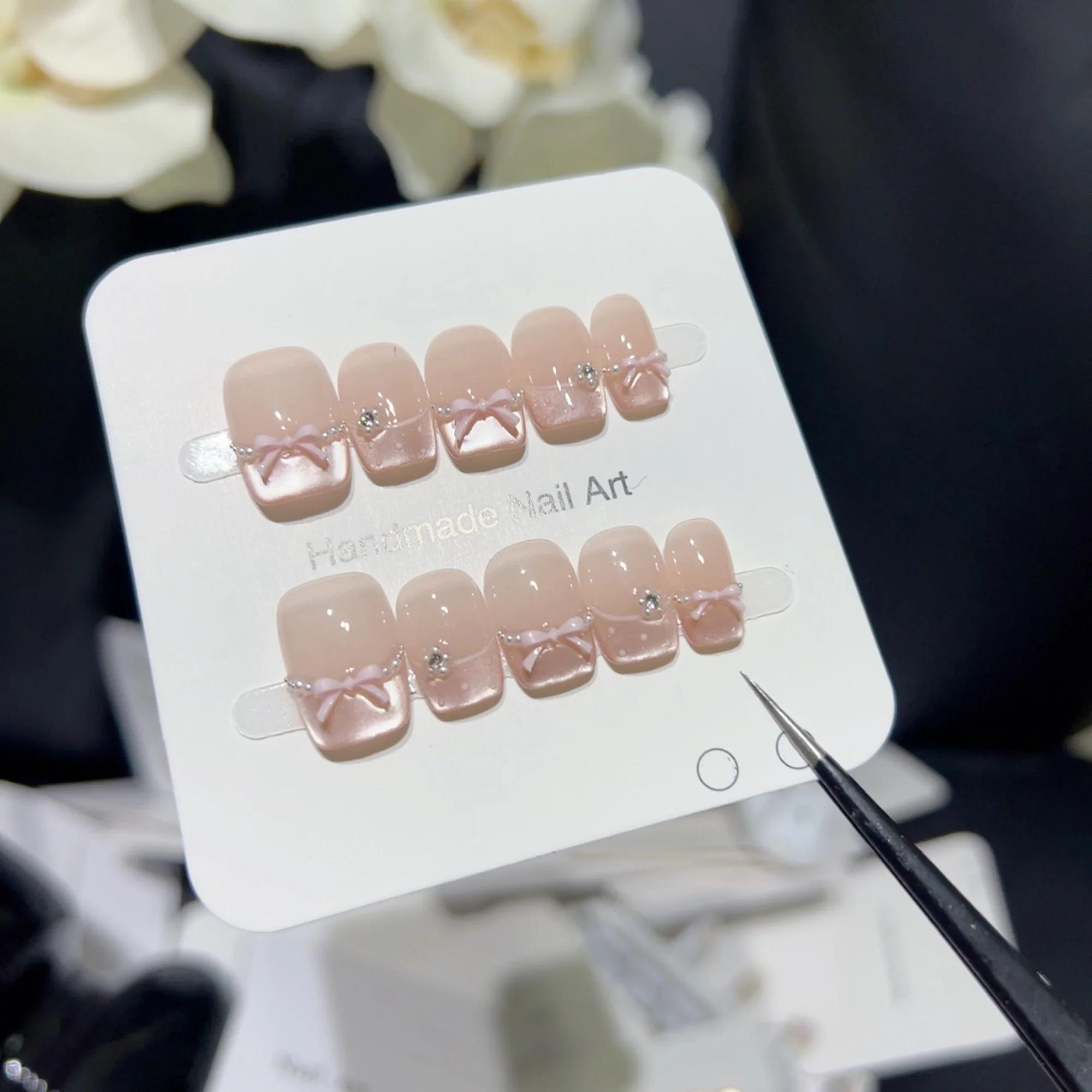 10 pièces haut de gamme style princesse français pur et sensuel, faux ongles faits à la main avec nœ