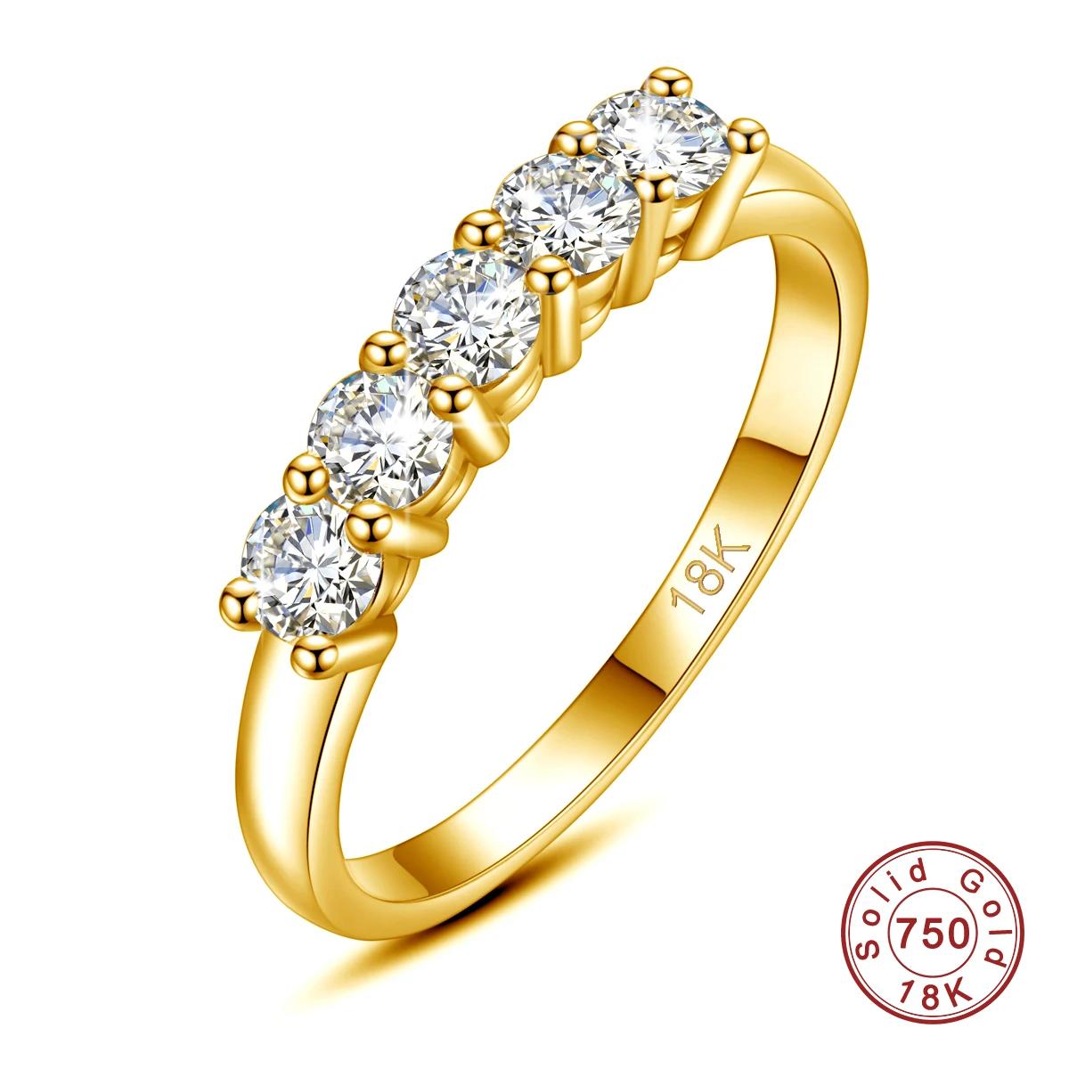 Bague Moissanite en or massif 18K pour femmes, 5 pierres AU 750, bijoux de luxe avec timbre, cadeau