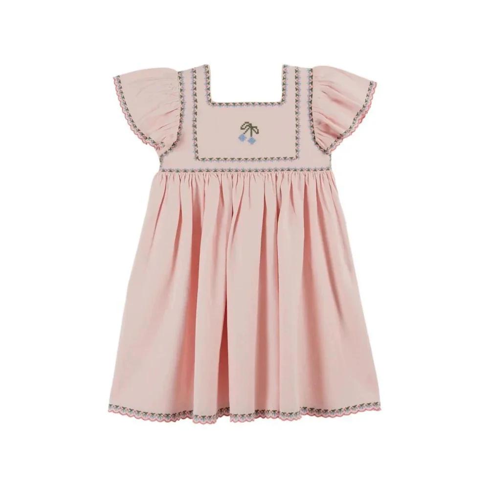 Robe en jean plissée pour fille, broderie florale, manches courtes, style princesse, collection été