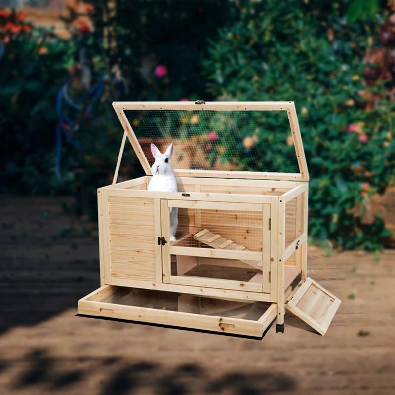 Lapin en bois à 2 niveaux pour l'extérieur, chalets avec rampe, roues, manipulation, mouvement, inst