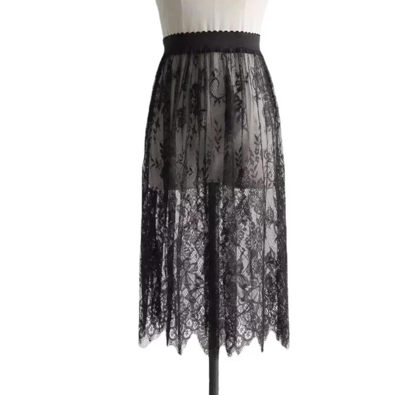 2 longueur élégante jupe noire dentelle blanche transparente longue jupe en Tulle dames élastique ta