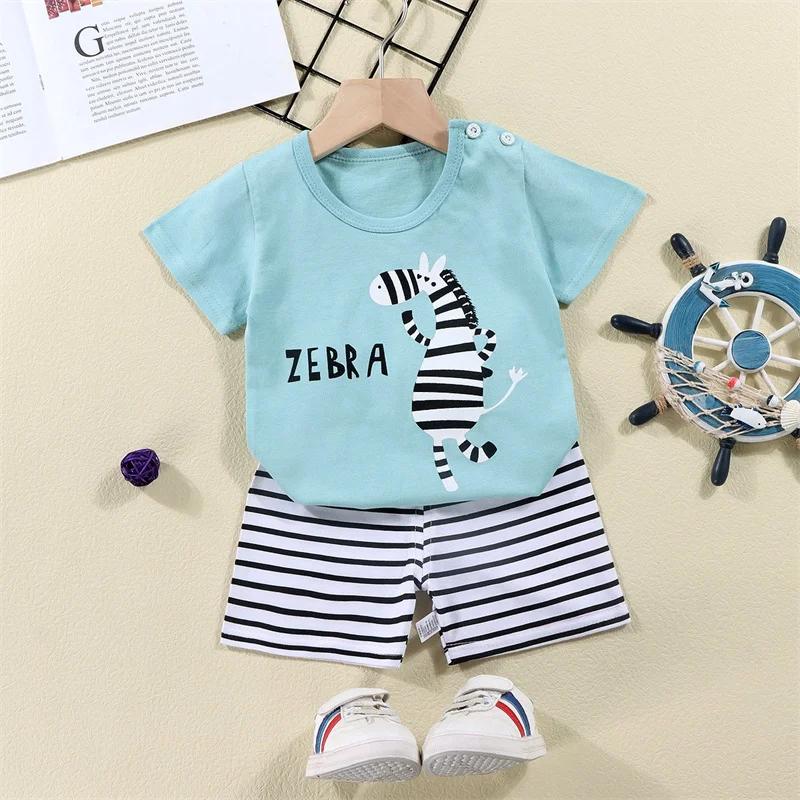 Ensemble de survêtement 2 pièces en coton t-shirts + shorts pour enfants, costume d'été imprimé dino